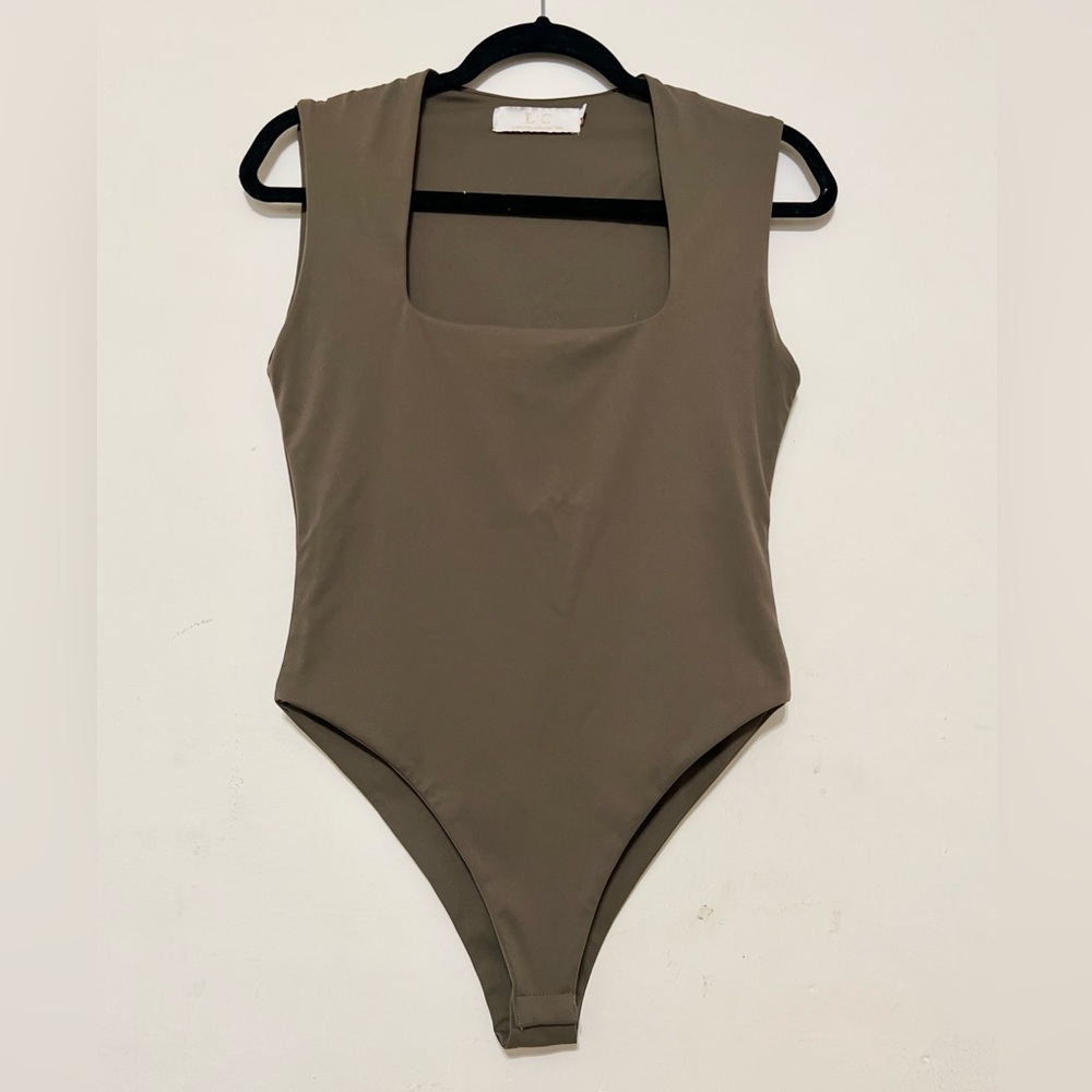 Square Neck Sleeveless Bodysuit - Size XL - Olive Green